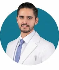 Professional headshot of a man in a light blazer and blue tie against a teal circular background